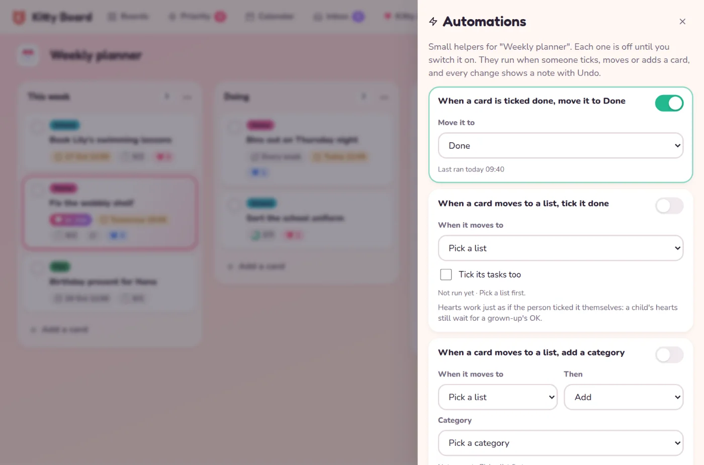 The Automations screen beside the Weekly planner board on a computer