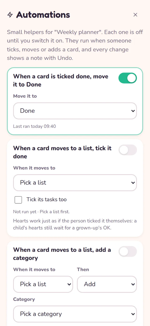 The Automations screen on a phone: When a card is ticked done, move it to Done is switched on, with a list to pick and a Last ran line