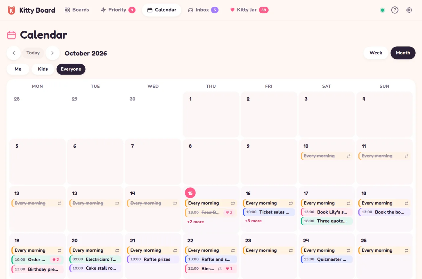 The month view: October as whole weeks, each day with its first few jobs and a