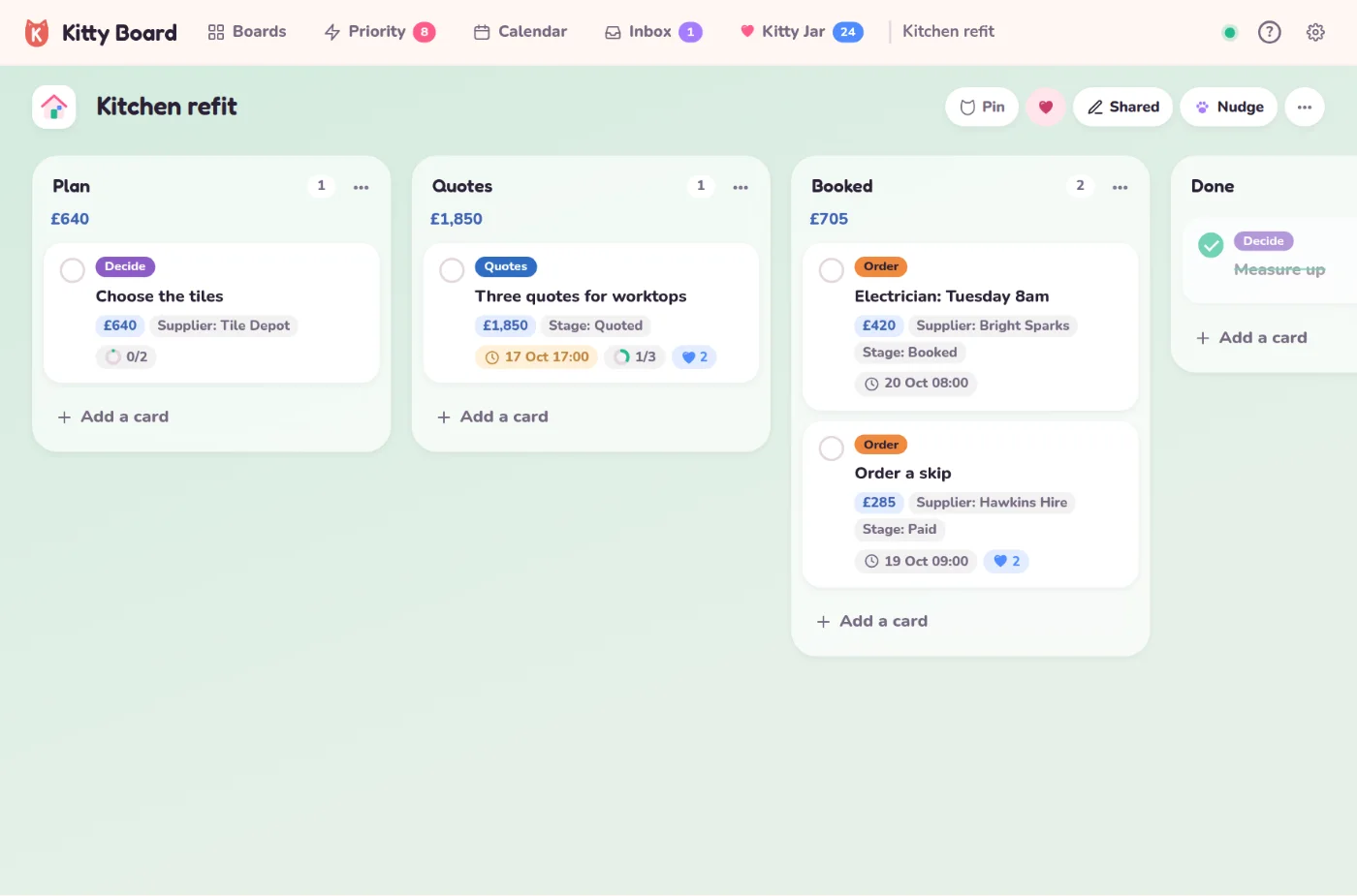 The Kitchen refit board on a laptop: Plan adds up to £640, Quotes to £1,850 and Booked to £705, and each card shows its cost, supplier and stage