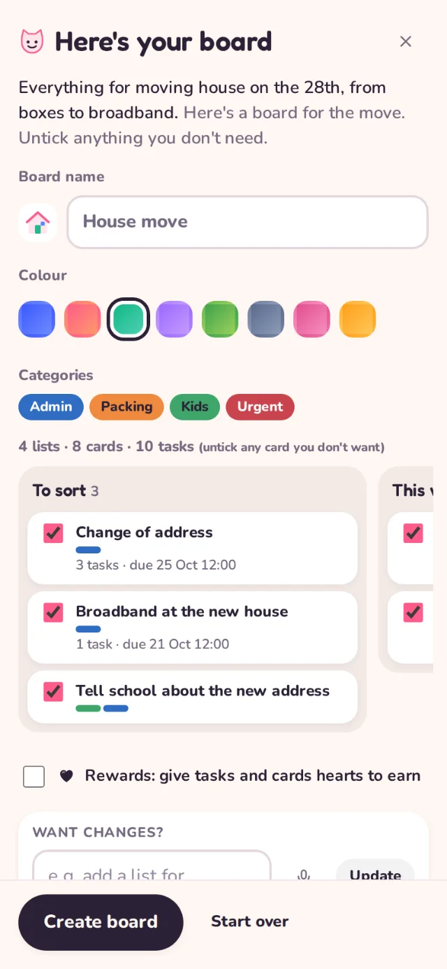Help me has built a House move board with lists, categories and eight cards to choose from