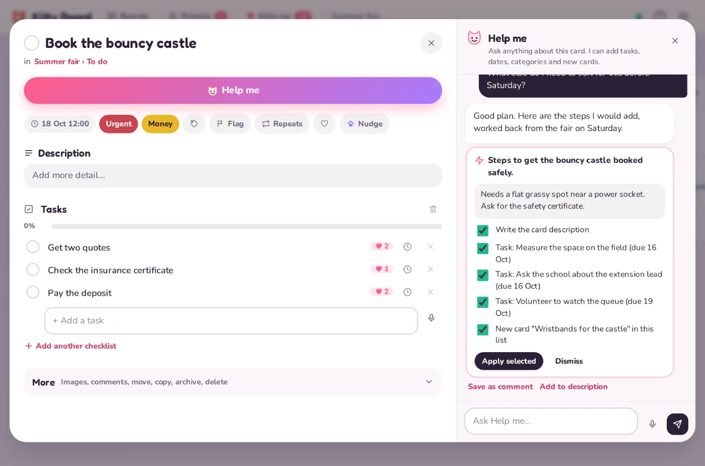 A card called Book the bouncy castle with Help me open beside it, suggesting three tasks and a new card to add