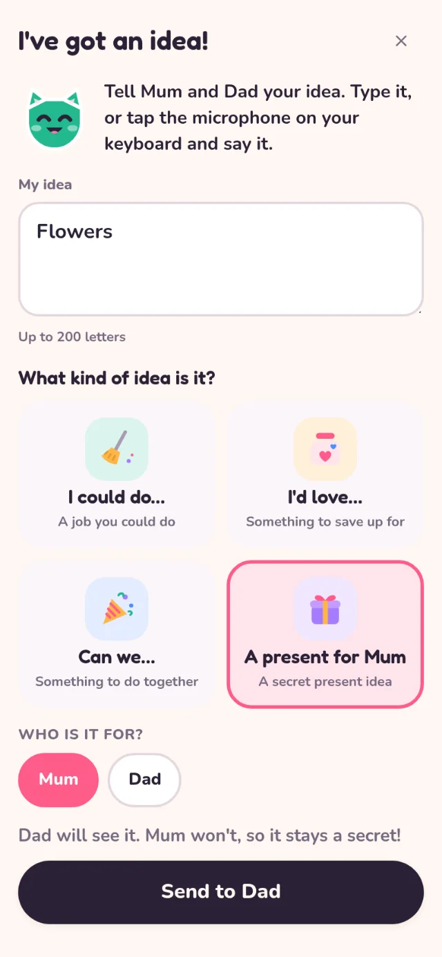 Lily's idea sheet: Flowers, with A present for… picked, Mum chosen, and a note that Dad will see it and Mum won't, so it stays a secret