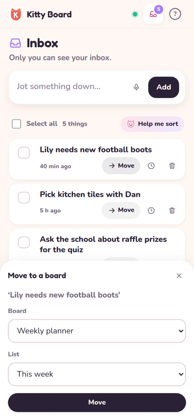 Move to a board: Board Weekly planner, List This week, and a Move button
