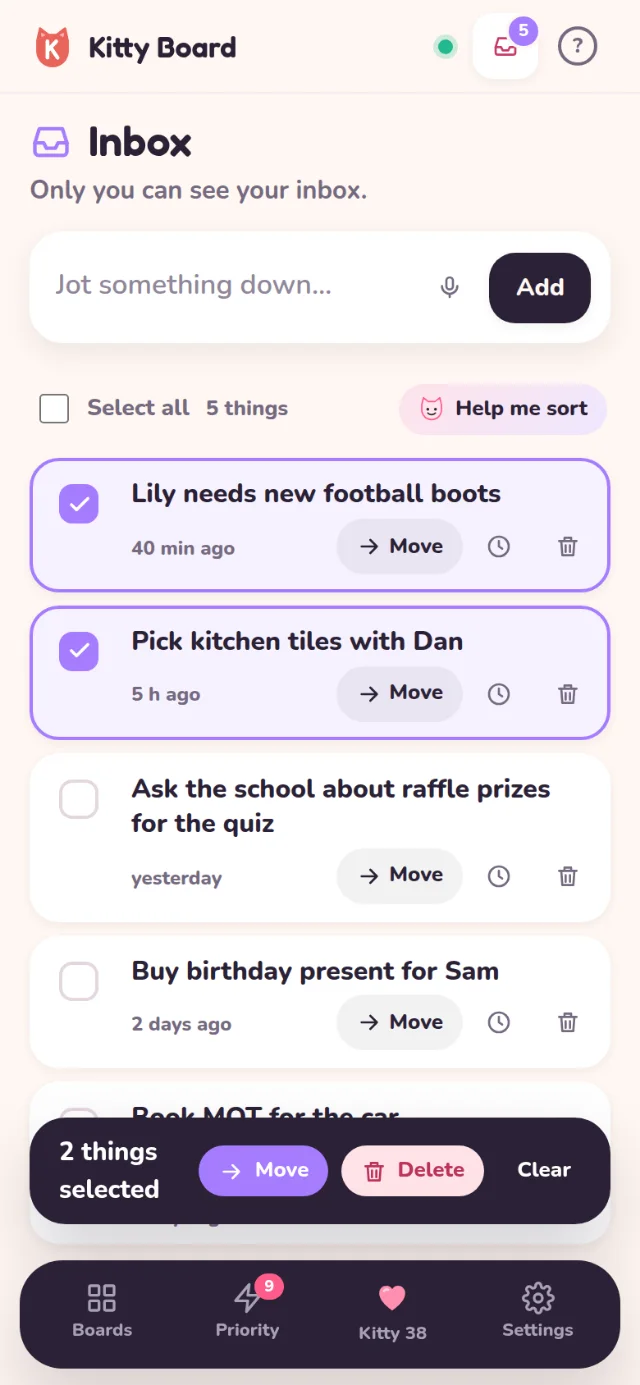Two things ticked, with 2 things selected, Move, Delete and Clear in a bar at the bottom