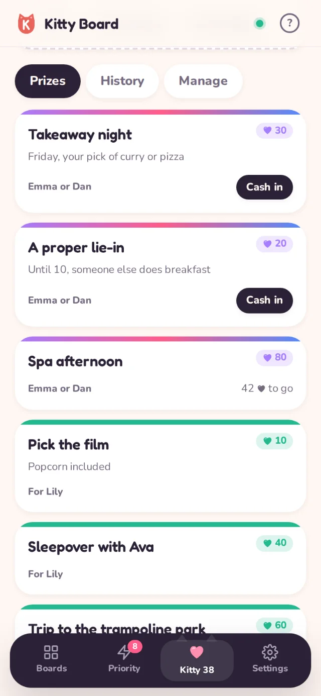 Prizes for Emma or Dan: Takeaway night, A proper lie-in and Spa afternoon, each with a price in hearts