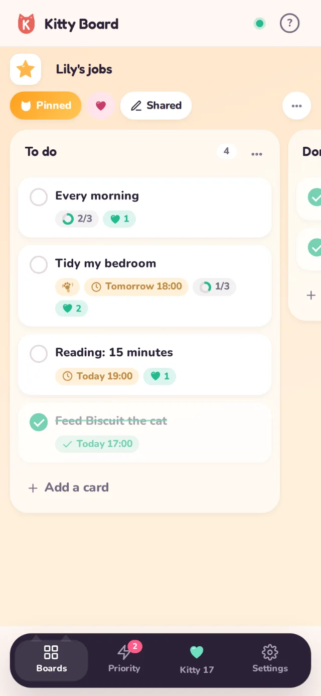 Lily's jobs board on her phone: Every morning, Tidy my bedroom, Reading for 15 minutes, with hearts on each