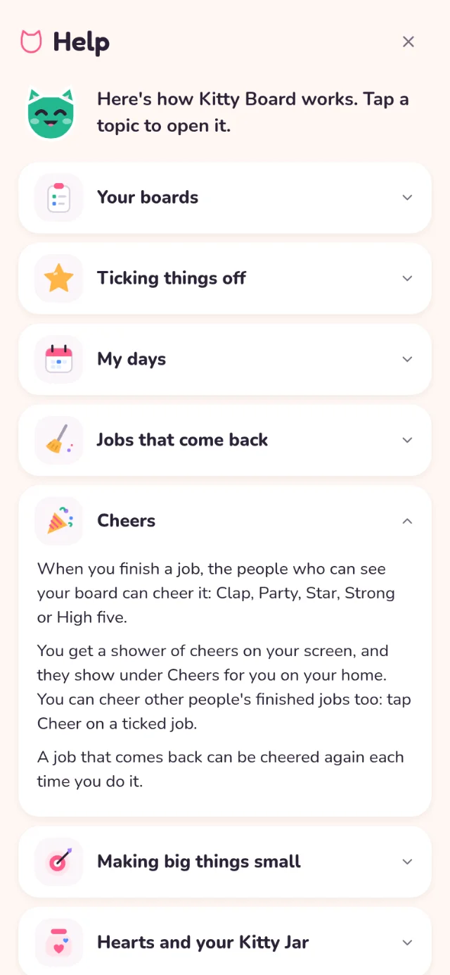 Lily's help guide, with Cheers open: the people who can see your board can cheer your finished jobs