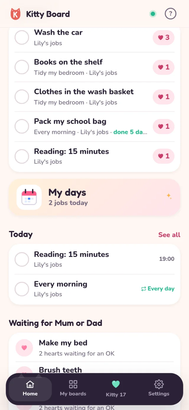 Further down Lily's home: her prizes, Suggest a reward, Start a goal, Plan my week, I need a hand, and her jobs with hearts