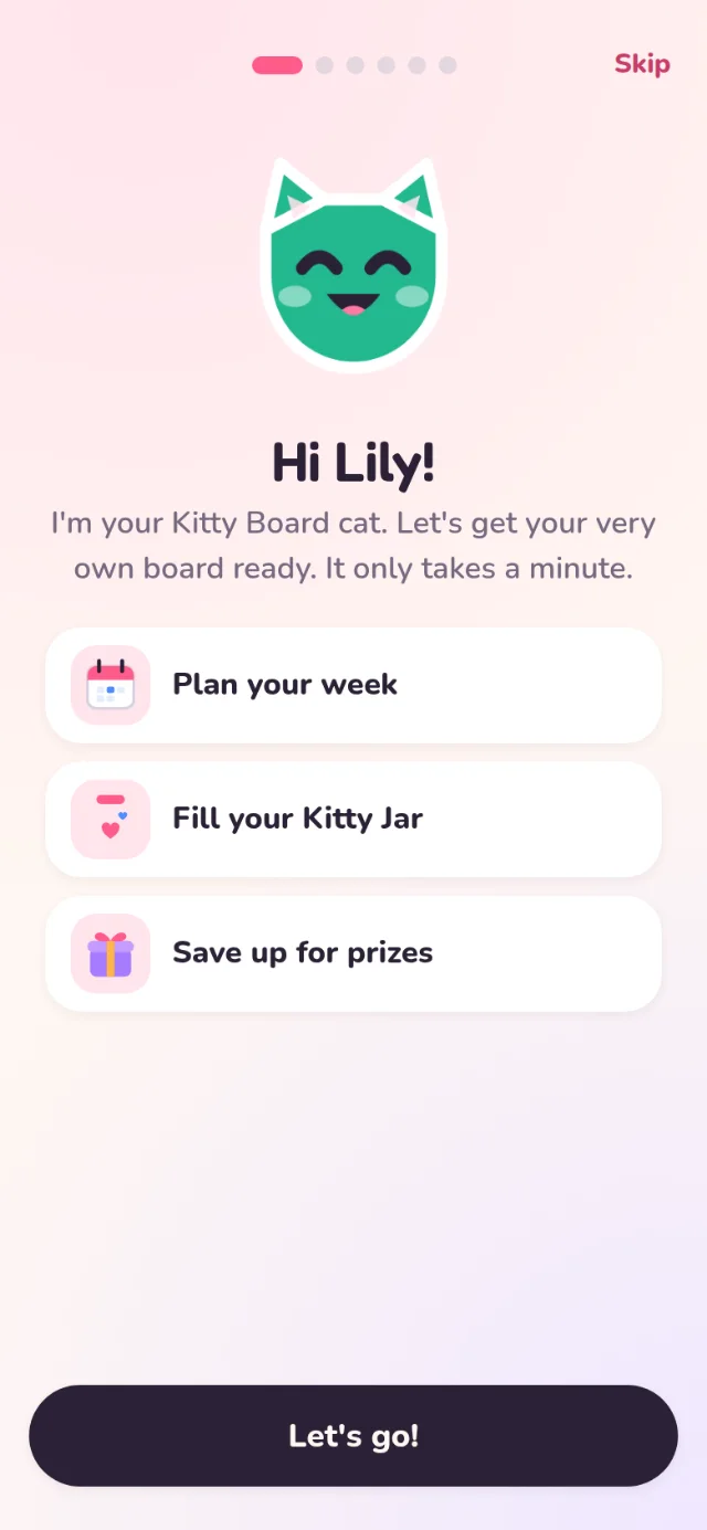 The first screen of a child’s start: Hi Lily! with a smiling cat, and Plan your week, Fill your Kitty Jar and Save up for prizes